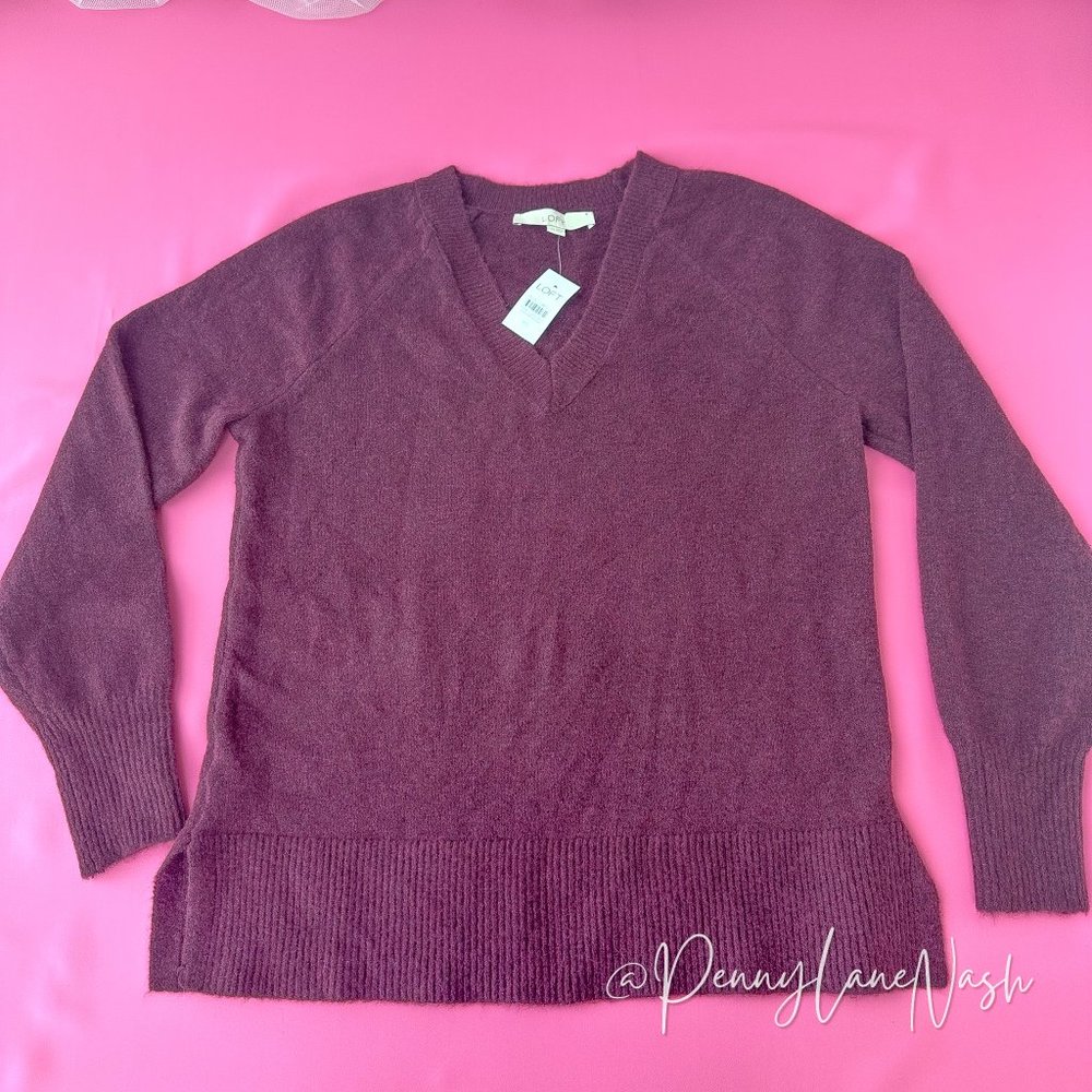 NWT Loft Relaxed V-Neck Wool Blend Sweater Purple - Picture 2 of 10